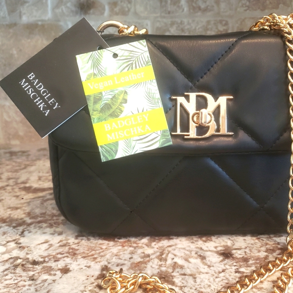 Badgley Mischka Black Small Chain Crossbody Diamond Pattern - Picture 3 of 5